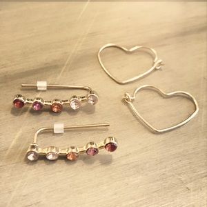 Climber/linear earrings and heart hoops, NEW